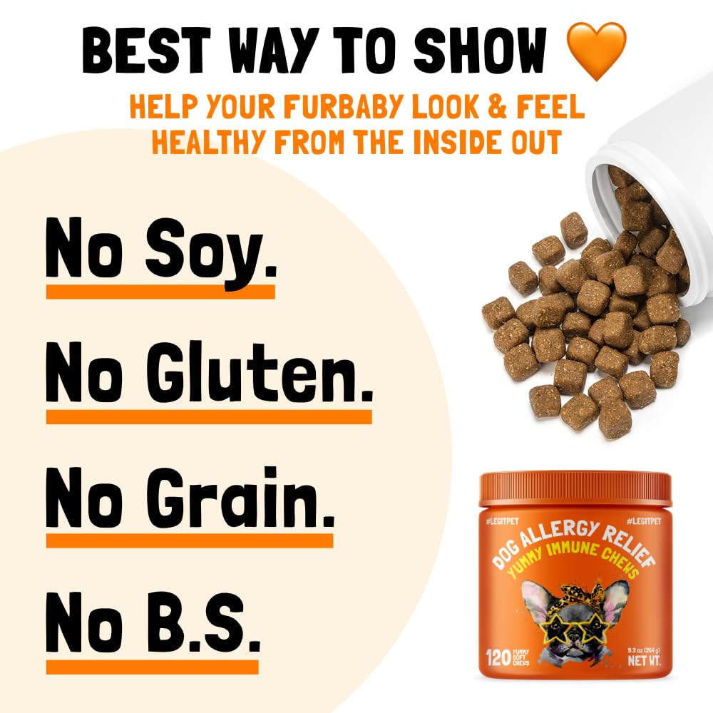 Allergy Relief Chews for Dogs & Immune & Digestive Supplement with Wild Salmon Oil Kelp Colostrum Turmeric Probiotics & Bee Pollen 120 Soft Treats