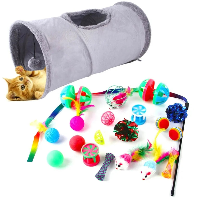 24 pc Cat Toy Set with Collapsible Tunnel
