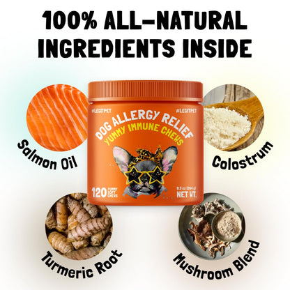 Allergy Relief Chews for Dogs & Immune & Digestive Supplement with Wild Salmon Oil Kelp Colostrum Turmeric Probiotics & Bee Pollen 120 Soft Treats