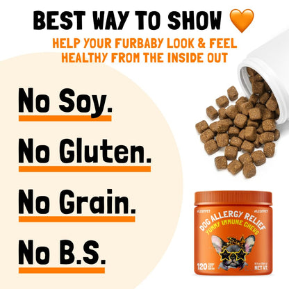 Allergy Relief Chews for Dogs & Immune & Digestive Supplement with Wild Salmon Oil Kelp Colostrum Turmeric Probiotics & Bee Pollen 120 Soft Treats