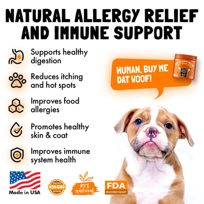 Allergy Relief Chews for Dogs & Immune & Digestive Supplement with Wild Salmon Oil Kelp Colostrum Turmeric Probiotics & Bee Pollen 120 Soft Treats