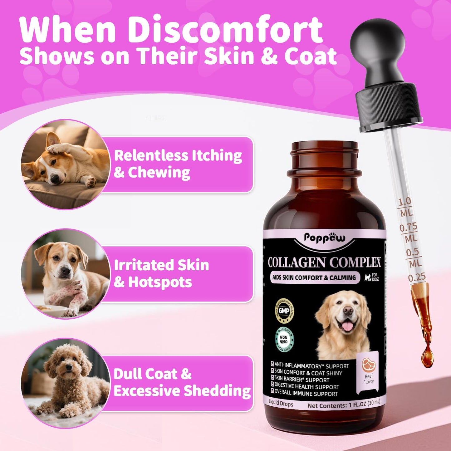 Liquid Collagen for Dogs Skin Comfort & Calming, Dog Itch Relief & Anti-Scratching & Coat Supplement with Biotin 2fl oz